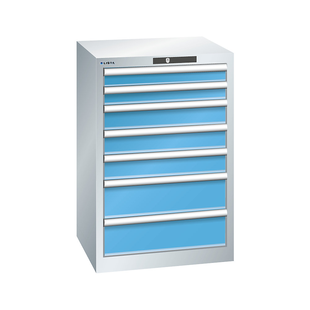 LISTA Armoire à tiroirs avec 7 tiroirs, l x p x h 564 x 572 x 850 mm, gris clair / bleu clair