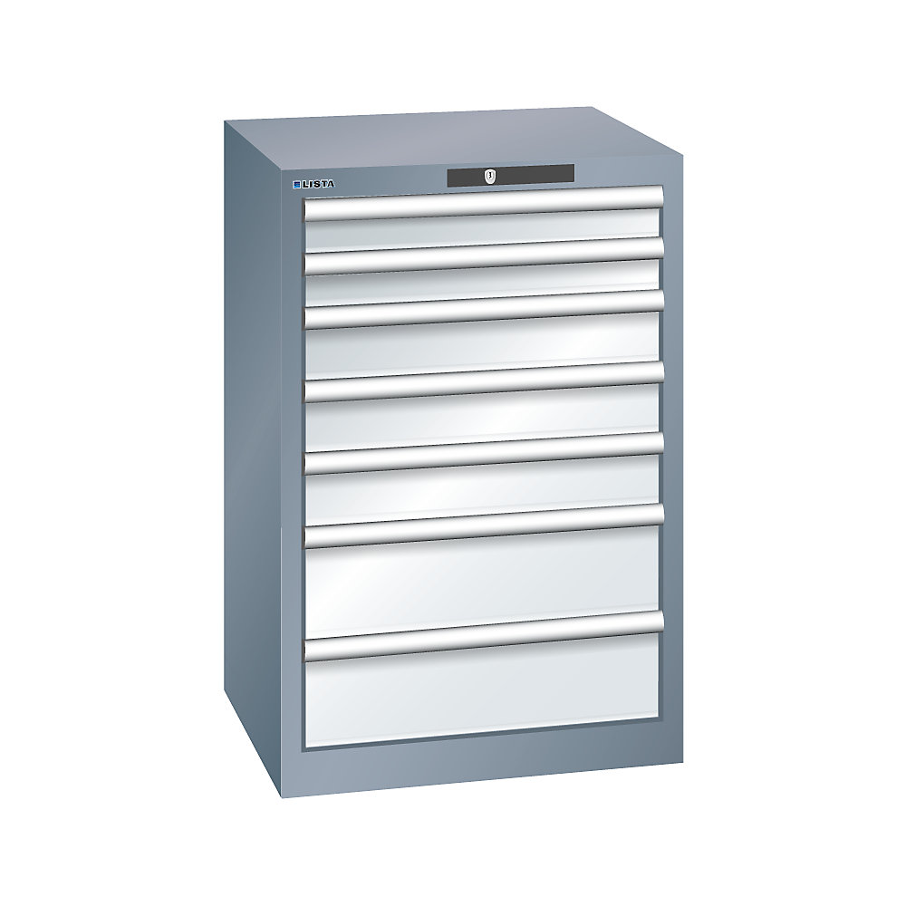 LISTA Armoire à tiroirs avec 7 tiroirs, l x p x h 564 x 572 x 850 mm, gris métallisé / gris clair