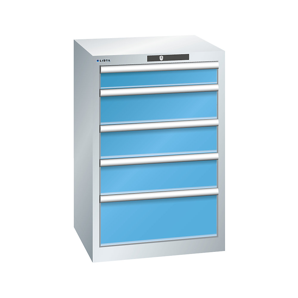 LISTA Armoire à tiroirs avec 5 tiroirs, l x p x h 564 x 572 x 850 mm, gris clair / bleu clair