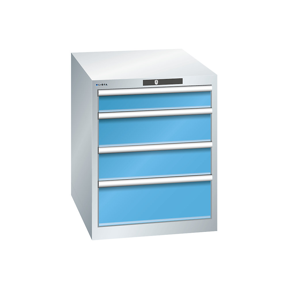 LISTA Armoire à tiroirs avec 4 tiroirs, l x p x h 564 x 724 x 700 mm, gris clair / bleu clair