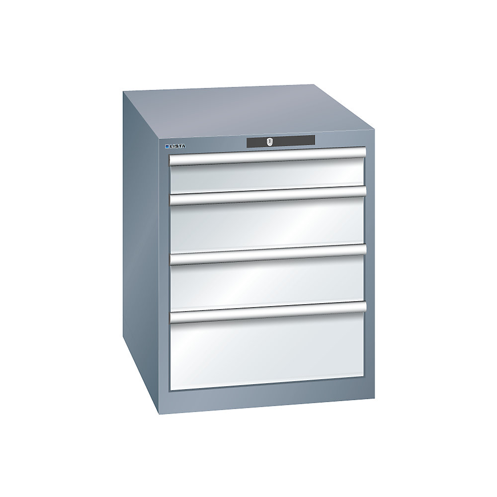 LISTA Armoire à tiroirs avec 4 tiroirs, l x p x h 564 x 724 x 700 mm, gris métallisé / gris clair