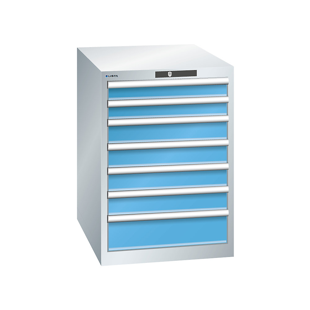 LISTA Armoire à tiroirs en tôle d'acier, h x l 800 x 564 mm, 7 tiroirs, gris clair / bleu clair