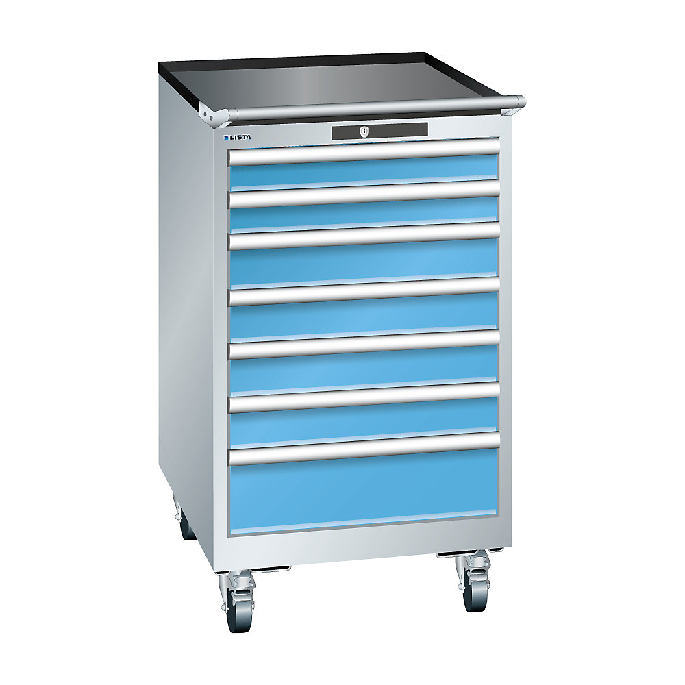 LISTA Armoire à tiroirs en tôle d'acier, h x l 990 x 564 mm, 7 tiroirs, mobile, gris clair / bleu clair