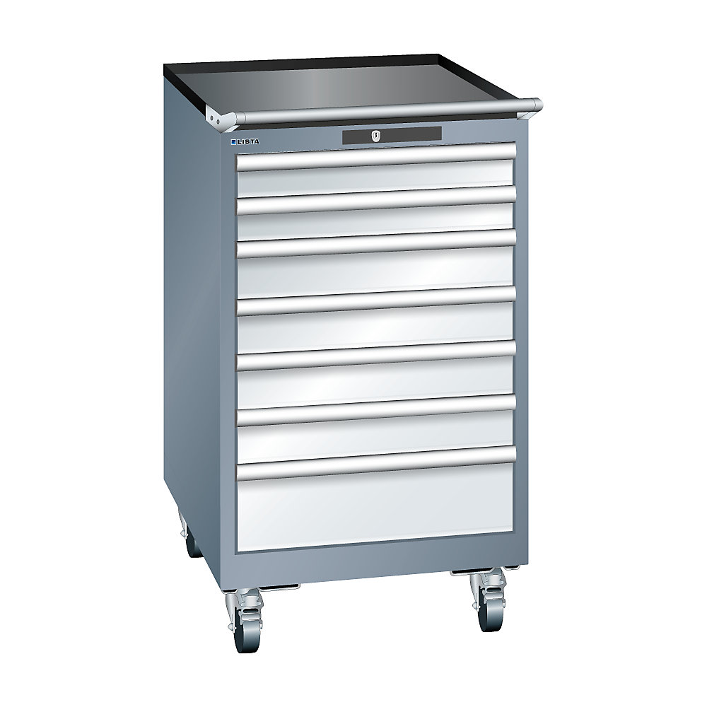 LISTA Armoire à tiroirs en tôle d'acier, h x l 990 x 564 mm, 7 tiroirs, mobile, gris métallisé / gris clair