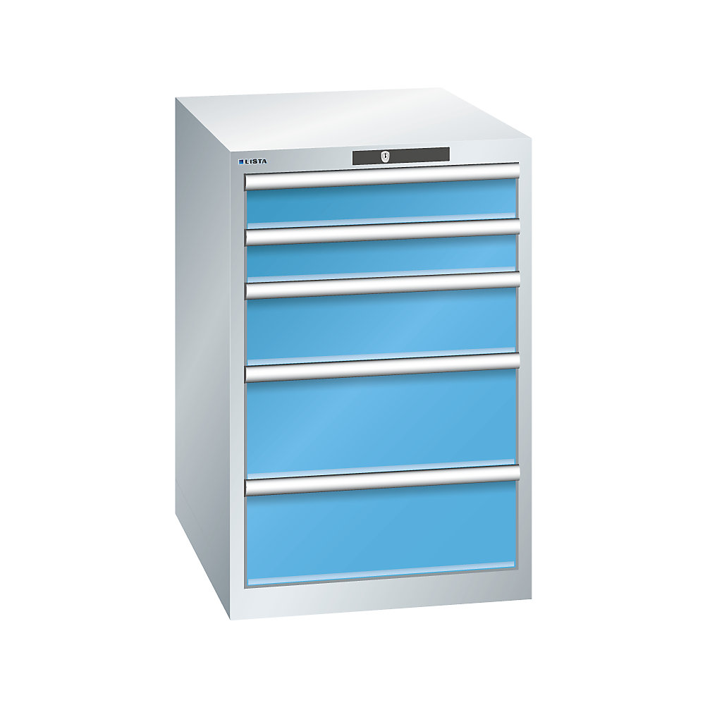 LISTA Armoire à tiroirs avec 5 tiroirs, l x p x h 564 x 724 x 850 mm, gris clair / bleu clair