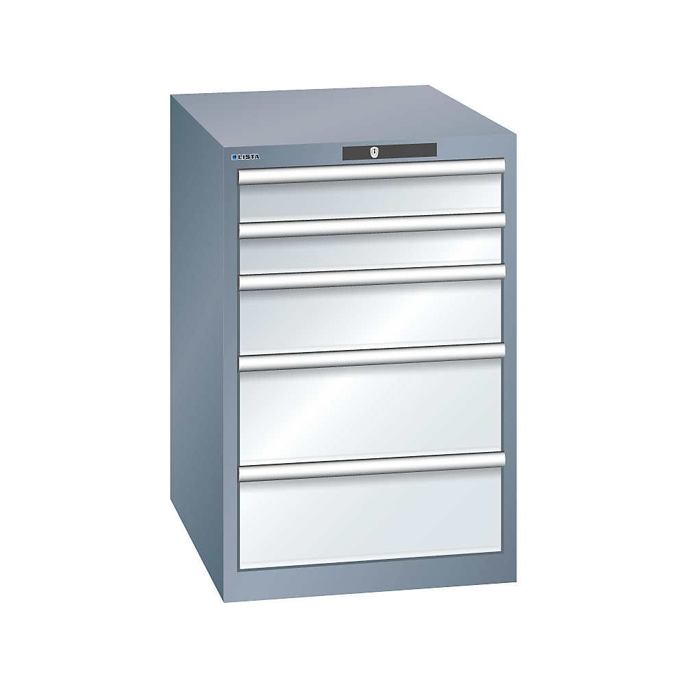 LISTA Armoire à tiroirs avec 5 tiroirs, l x p x h 564 x 724 x 850 mm, gris métallisé / gris clair