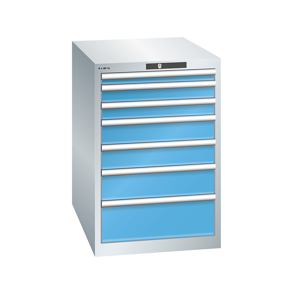 LISTA Armoire à tiroirs avec 7 tiroirs, l x p x h 564 x 724 x 850 mm, gris clair / bleu clair