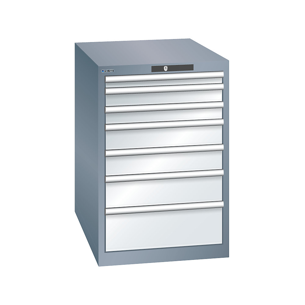 LISTA Armoire à tiroirs avec 7 tiroirs, l x p x h 564 x 724 x 850 mm, gris métallisé / gris clair