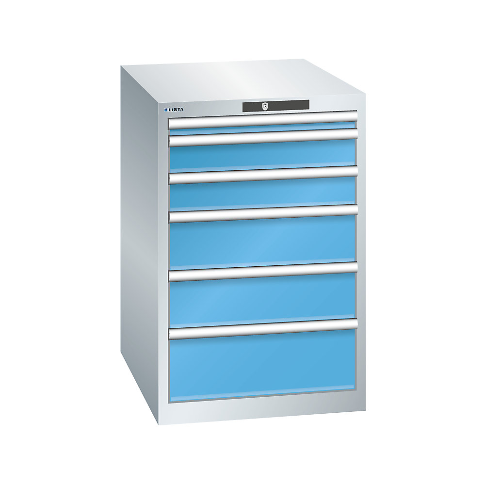 LISTA Armoire à tiroirs avec 6 tiroirs, l x p x h 564 x 724 x 850 mm, gris clair / bleu clair