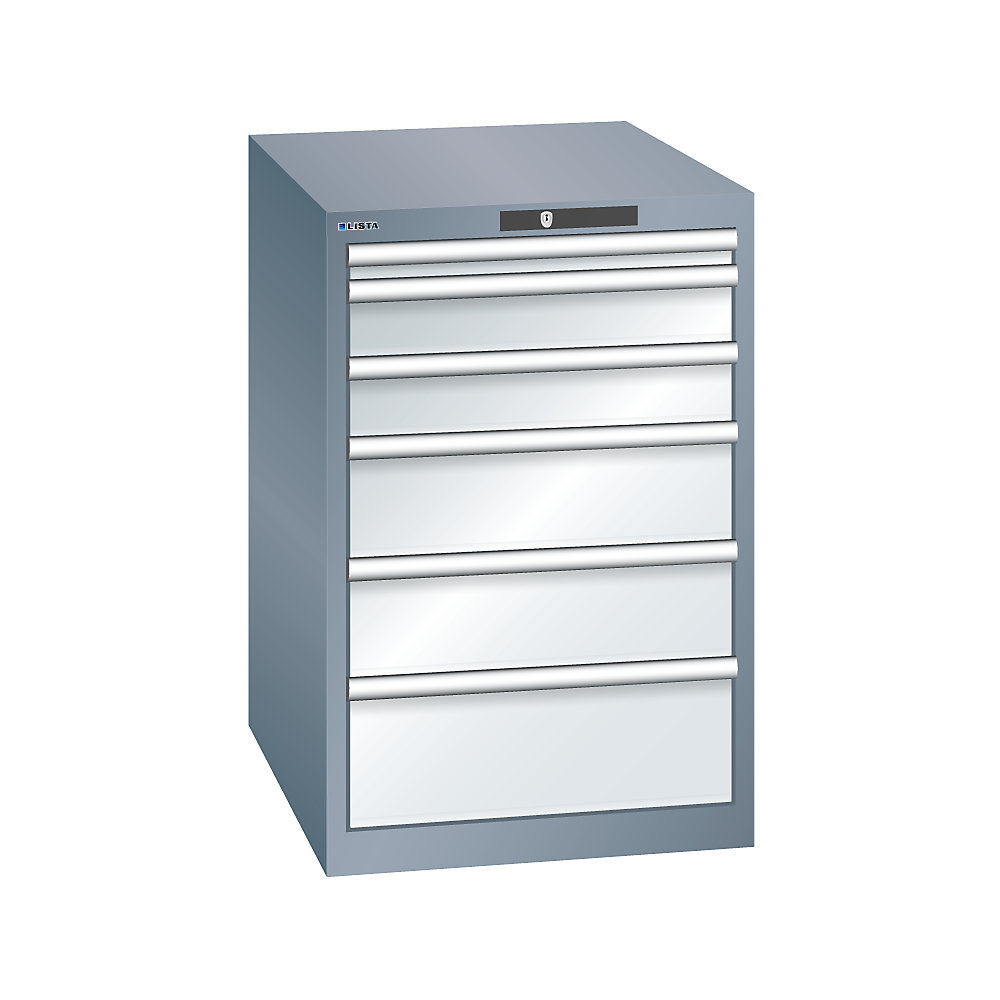 LISTA Armoire à tiroirs avec 6 tiroirs, l x p x h 564 x 724 x 850 mm, gris métallisé / gris clair