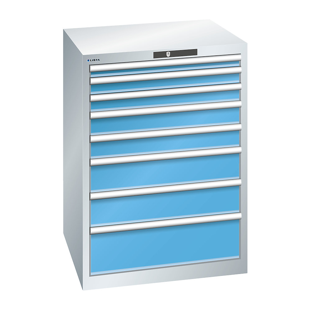 LISTA Armoire à tiroirs en tôle d'acier, h x l 1000 x 717 mm, 8 tiroirs, gris clair / bleu clair