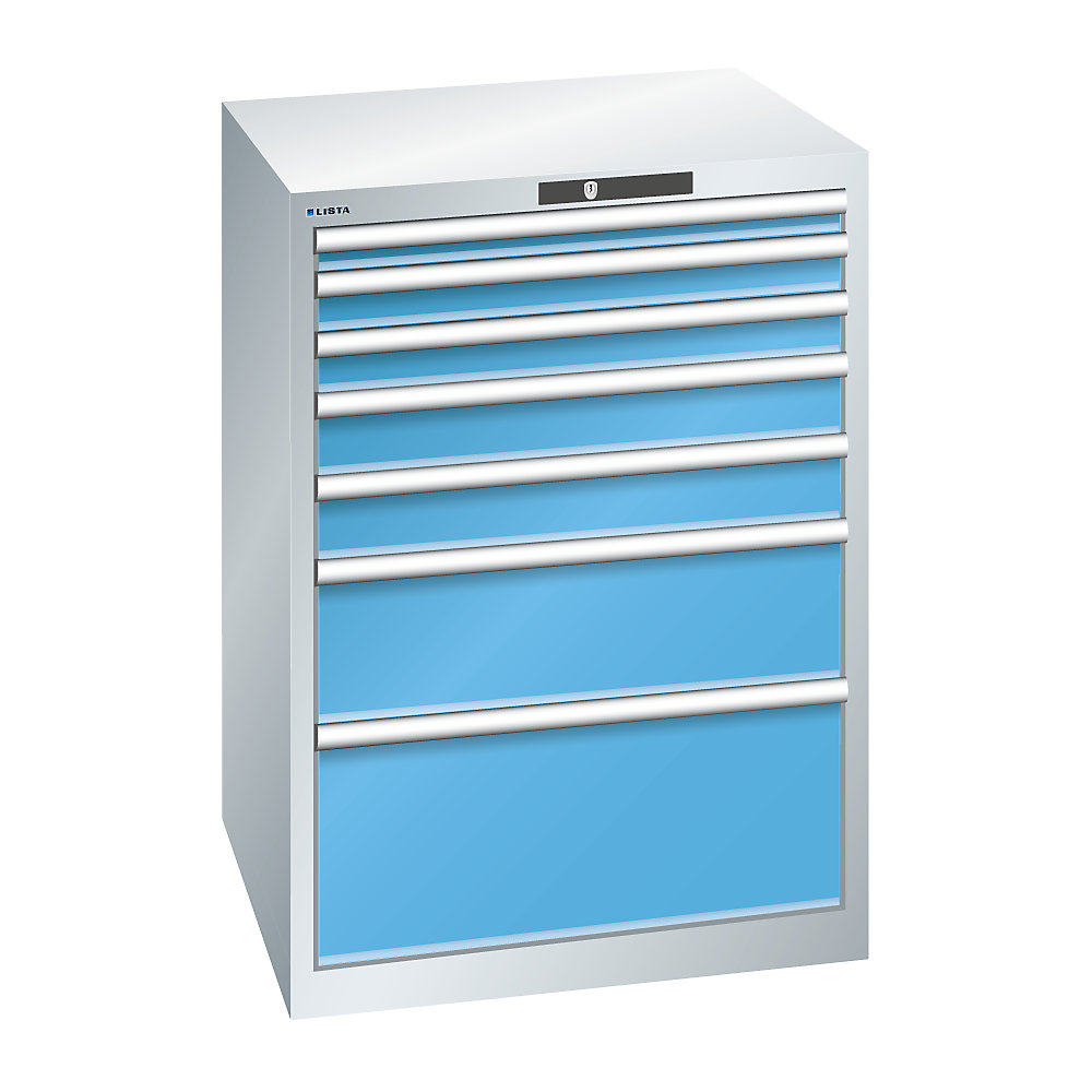 LISTA Armoire à tiroirs en tôle d'acier, h x l 1000 x 717 mm, 7 tiroirs, gris clair / bleu clair