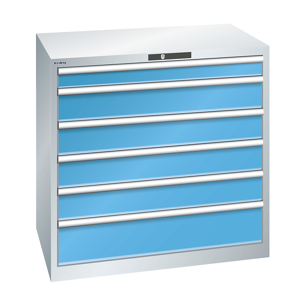 LISTA Armoire à tiroirs en tôle d'acier, h x l 1000 x 1023 mm, 6 tiroirs, charge max. 200 kg, gris clair / bleu clair