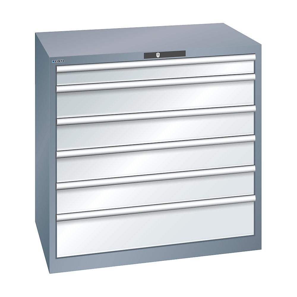 LISTA Armoire à tiroirs en tôle d'acier, h x l 1000 x 1023 mm, 6 tiroirs, charge max. 200 kg, gris métallisé / gris clair