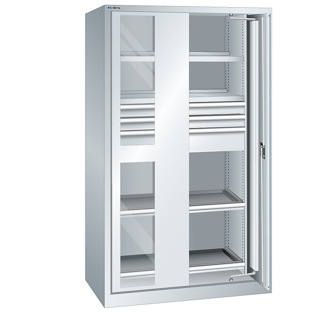 LISTA Armoire à porte escamotable pour charges lourdes, 3 tiroirs, 4 tablettes, avec portes vitrées, gris clair