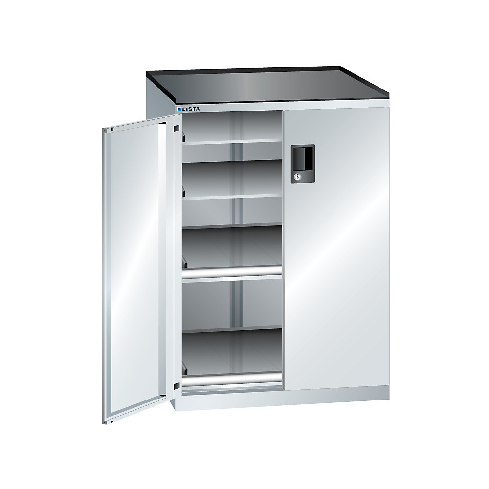 LISTA Armoire à tiroirs à portes battantes, hauteur 1020 mm, 4 tablettes, charge max. 200 kg, gris clair