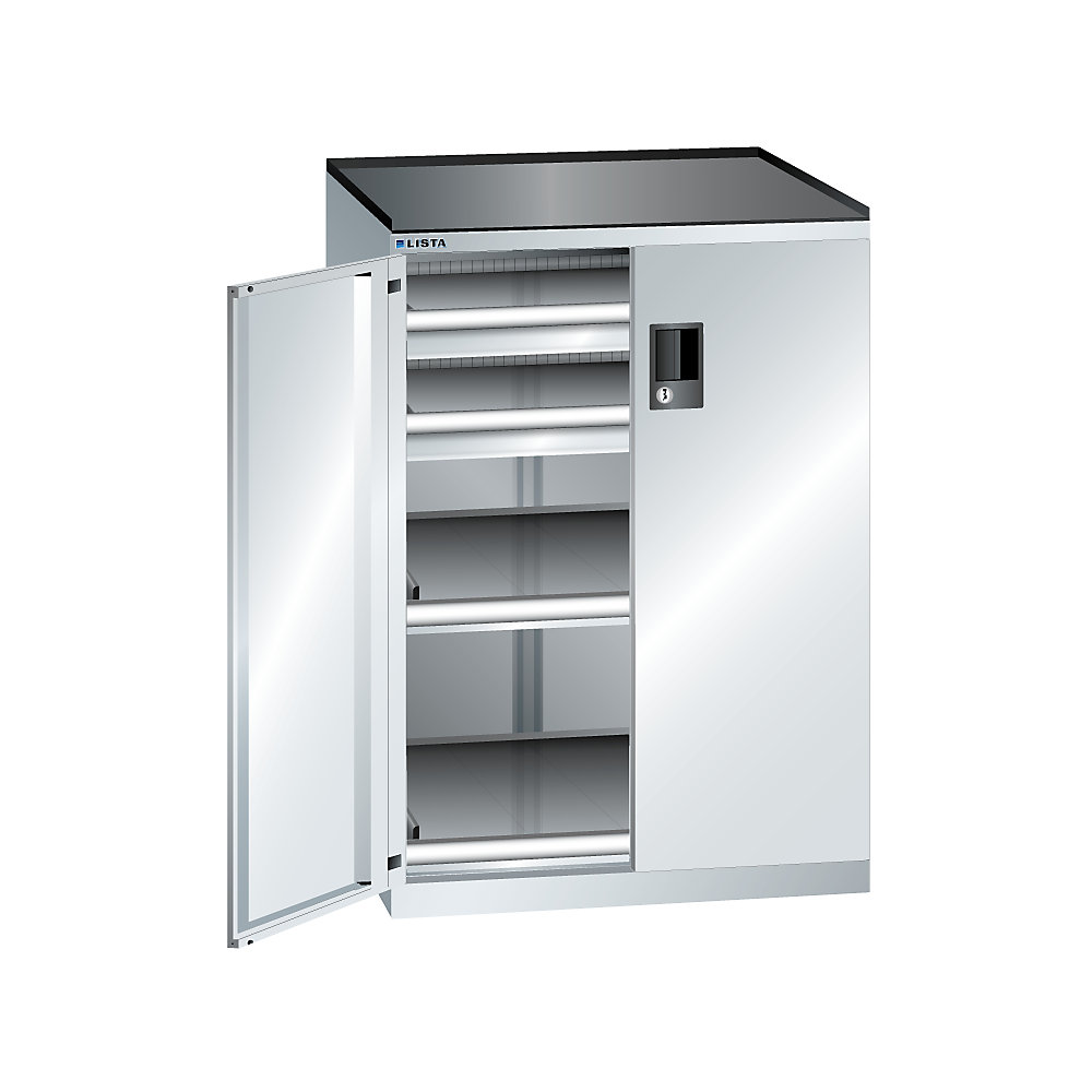 LISTA Armoire à tiroirs à portes battantes, hauteur 1020 mm, 2 tablettes, 2 tiroirs, charge max. 200 kg, gris clair