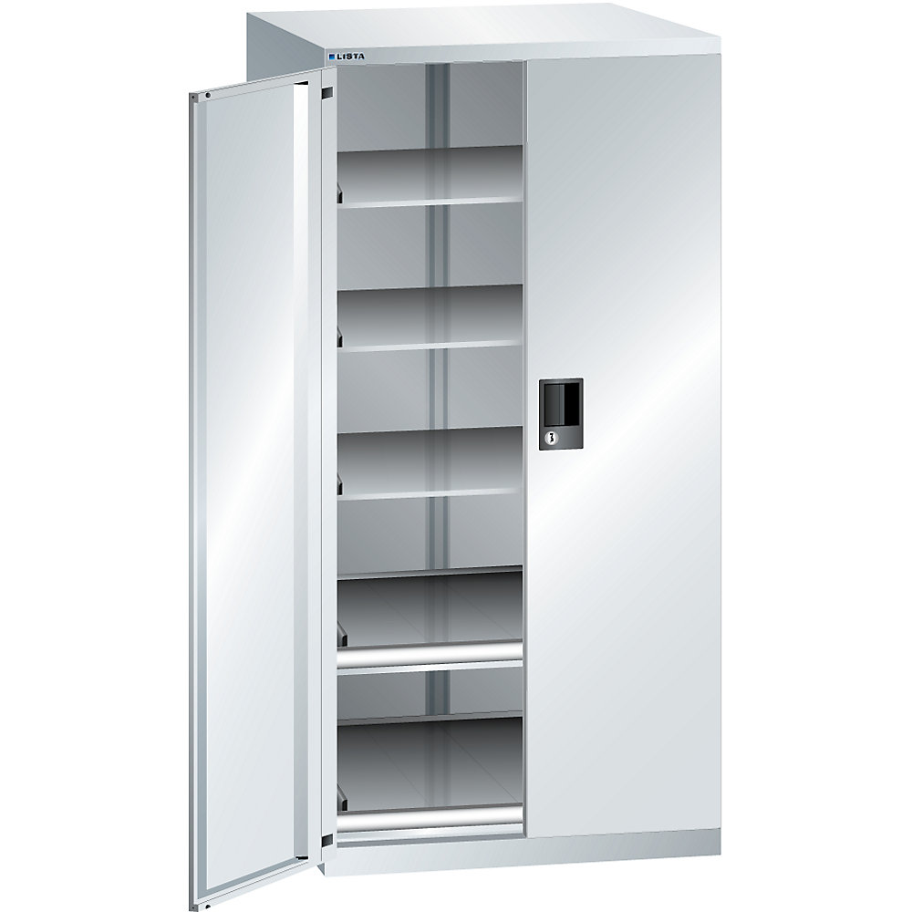 LISTA Armoire à tiroirs à portes battantes, hauteur 1450 mm, 5 tablettes, charge max. 200 kg, gris clair