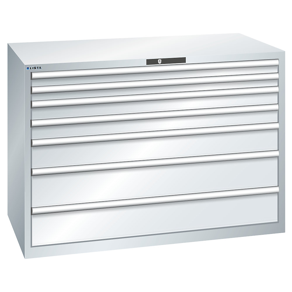 LISTA Armoire à tiroirs avec 7 tiroirs, l x p x h 1431 x 725 x 1000 mm, gris clair