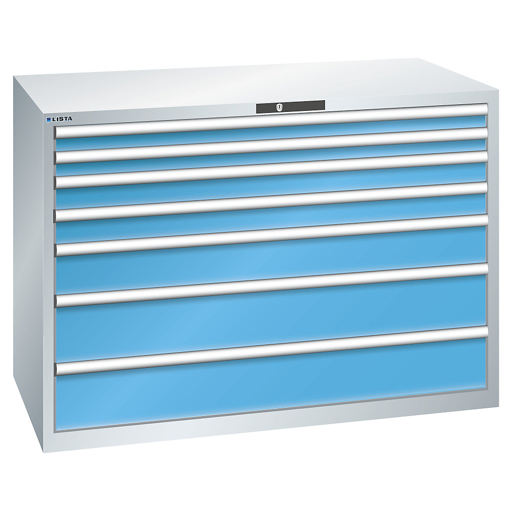 LISTA Armoire à tiroirs avec 7 tiroirs, l x p x h 1431 x 725 x 1000 mm, gris clair / bleu clair