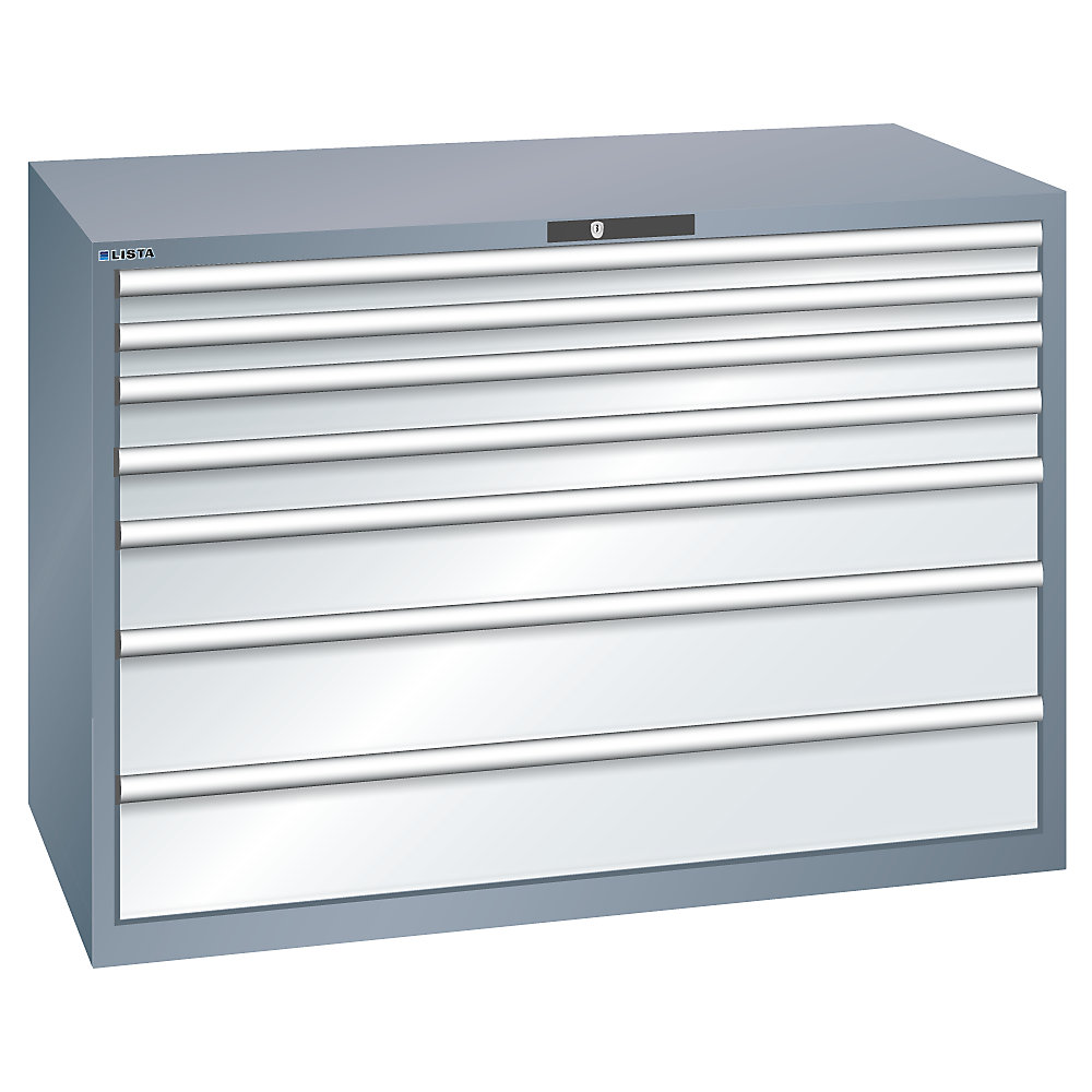 LISTA Armoire à tiroirs avec 7 tiroirs, l x p x h 1431 x 725 x 1000 mm, gris métallisé / gris clair