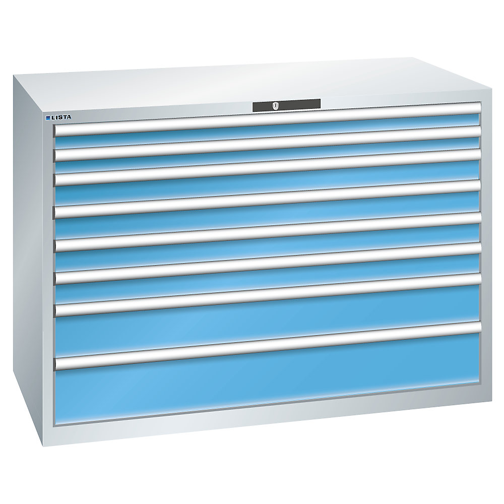 LISTA Armoire à tiroirs avec 8 tiroirs, l x p x h 1431 x 725 x 1000 mm, gris clair / bleu clair