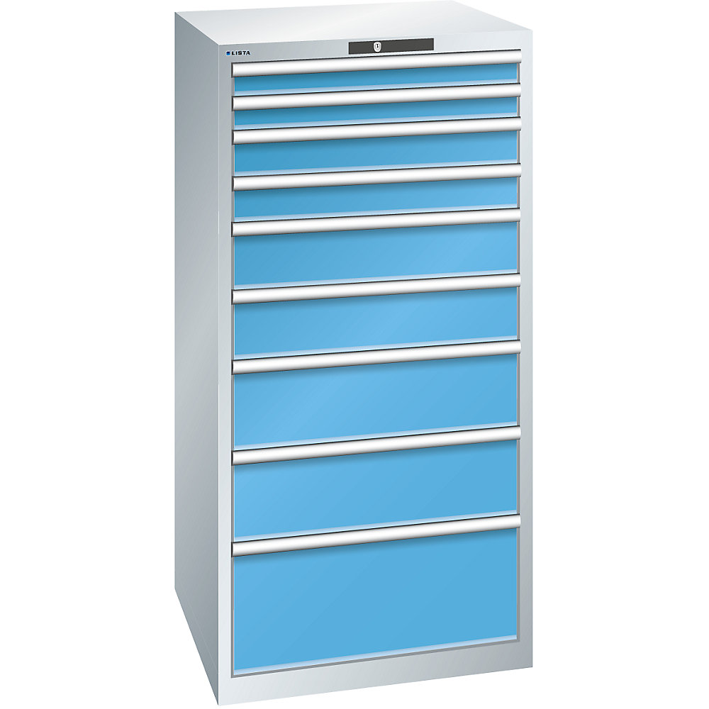 LISTA Armoire à tiroirs avec 9 tiroirs, l x p x h 717 x 725 x 1450 mm, gris clair / bleu clair