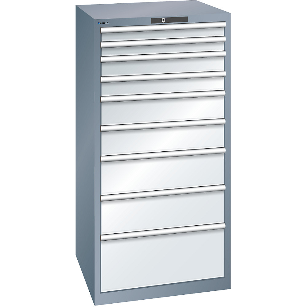 LISTA Armoire à tiroirs avec 9 tiroirs, l x p x h 717 x 725 x 1450 mm, gris métallisé / gris clair