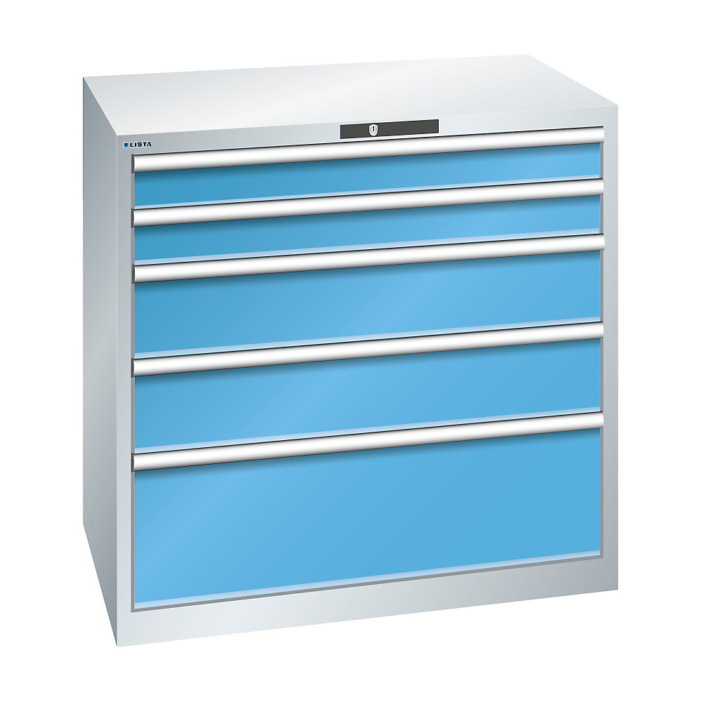 LISTA Armoire à tiroirs avec 5 tiroirs, l x p x h 1023 x 725 x 1000 mm, gris clair / bleu clair