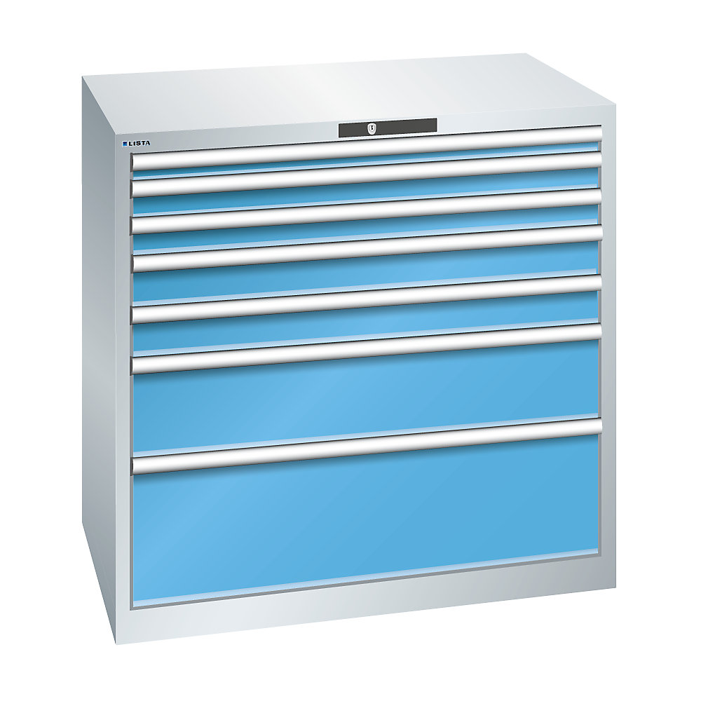 LISTA Armoire à tiroirs avec 7 tiroirs, l x p x h 1023 x 725 x 1000 mm, gris clair / bleu clair
