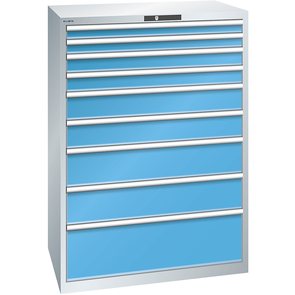 LISTA Armoire à tiroirs avec 9 tiroirs, l x p x h 1023 x 725 x 1450 mm, gris clair / bleu clair
