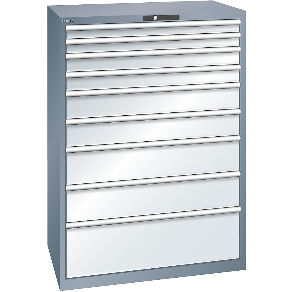 LISTA Armoire à tiroirs avec 9 tiroirs, l x p x h 1023 x 725 x 1450 mm, gris métallisé / gris clair