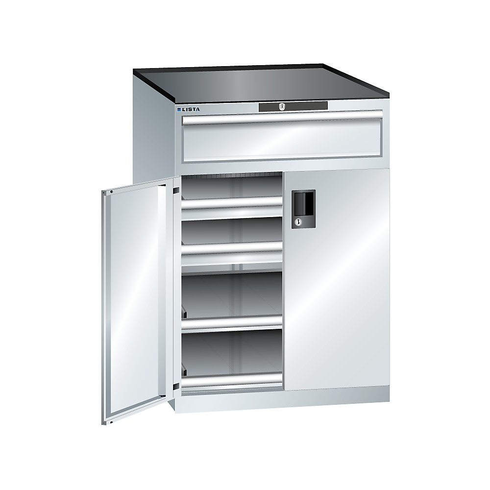 LISTA Armoire à tiroirs à portes battantes, hauteur 1020 mm, 2 tablettes, 3 tiroirs, charge max. 200 kg, gris clair