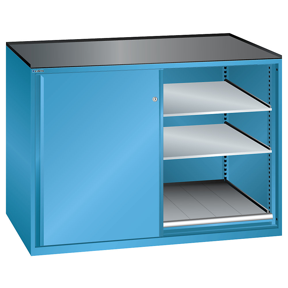 LISTA Armoire à portes coulissantes, charge max. par tablette coulissante 200 kg, 4 tablettes réglables, 2 tablettes coulissantes, bleu clair