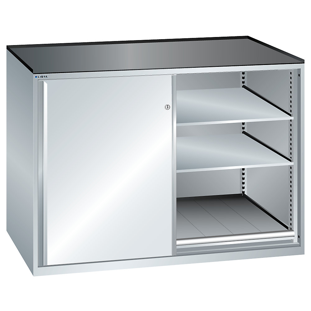 LISTA Armoire à portes coulissantes, charge max. par tablette coulissante 200 kg, 4 tablettes réglables, 2 tablettes coulissantes, gris clair