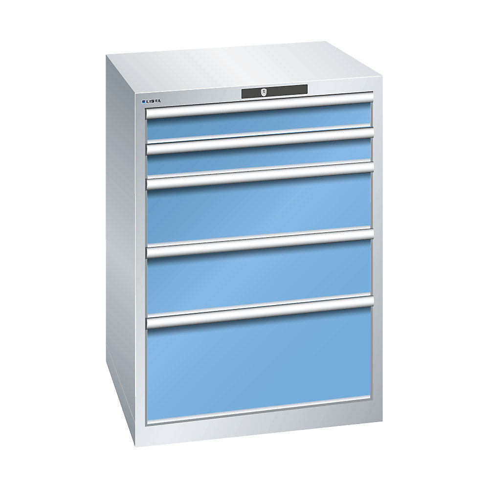 LISTA Armoire à tiroirs avec 5 tiroirs, l x p x h 717 x 725 x 1000 mm, gris clair / bleu clair