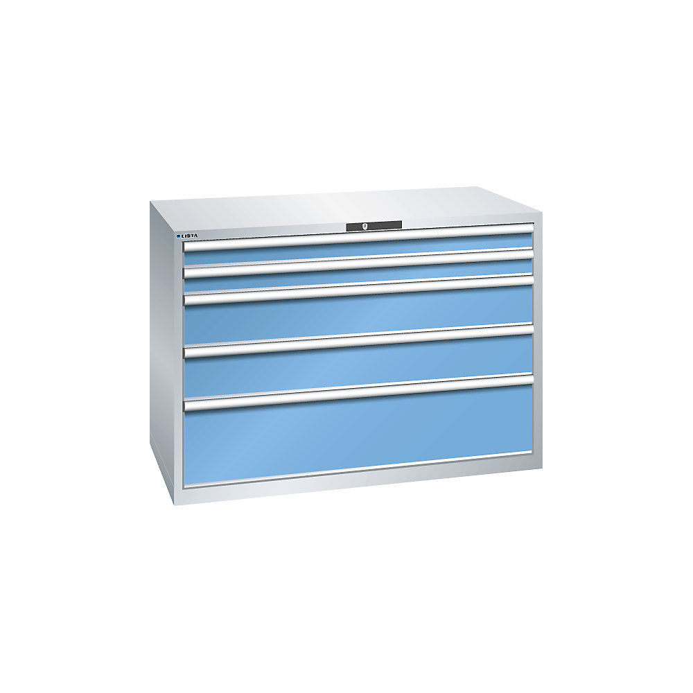 LISTA Armoire à tiroirs avec 5 tiroirs, l x p x h 1431 x 725 x 1000 mm, gris clair / bleu clair