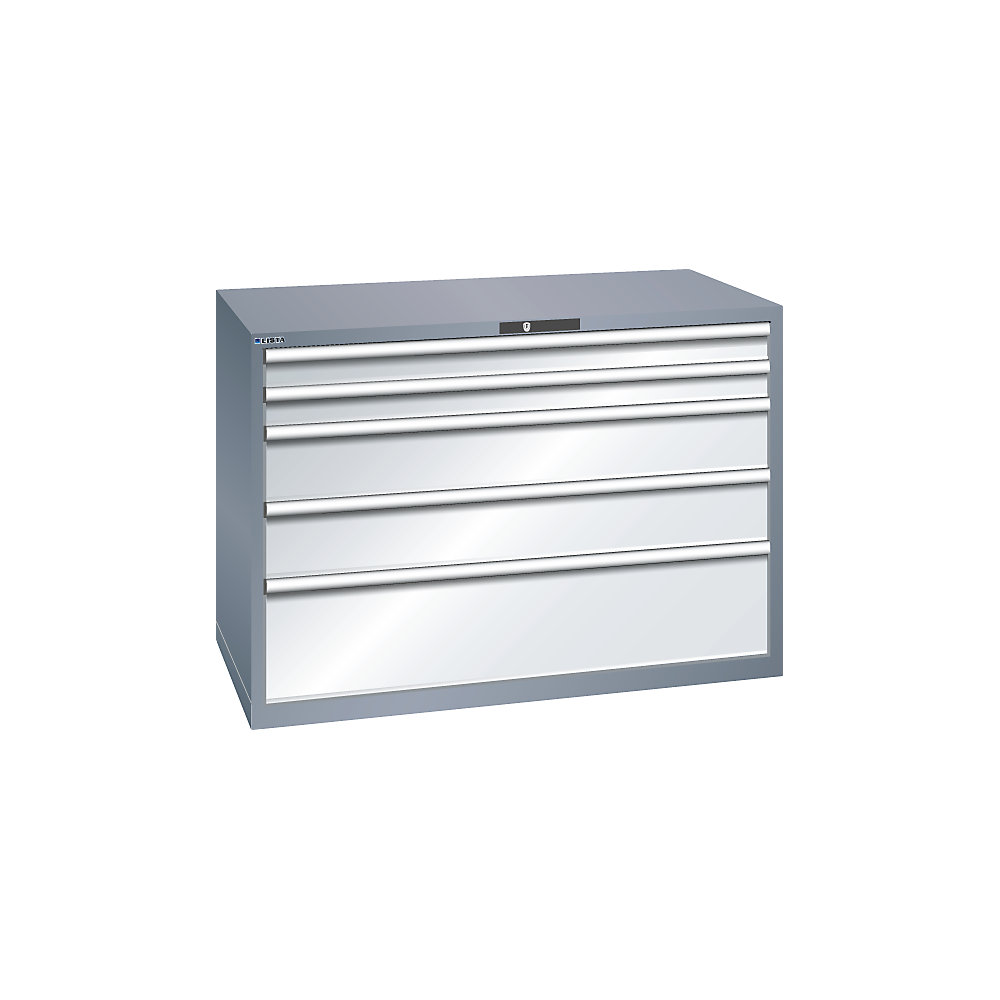 LISTA Armoire à tiroirs avec 5 tiroirs, l x p x h 1431 x 725 x 1000 mm, gris métallisé / gris clair
