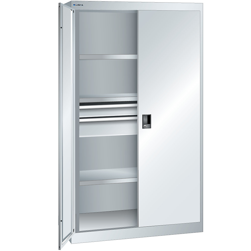 LISTA Armoire pour charges lourdes, 3 tablettes, 2 tiroirs, gris clair