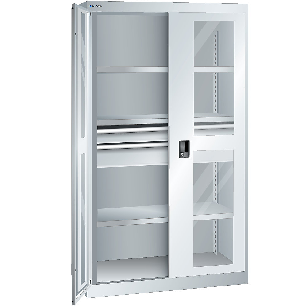 LISTA Armoire pour charges lourdes, 3 tablettes, 2 tiroirs avec portes vitrées, gris clair