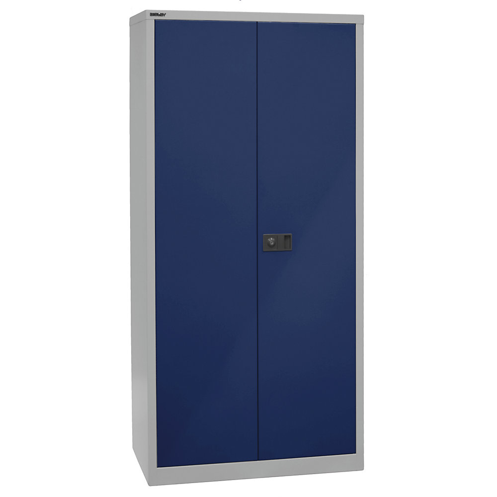 BISLEY UNIVERSAL double door cupboard, HxWxD 1950 x 914 x 500 mm, 4 zinc plated shelves, 5 file heights, light grey / Oxford blue