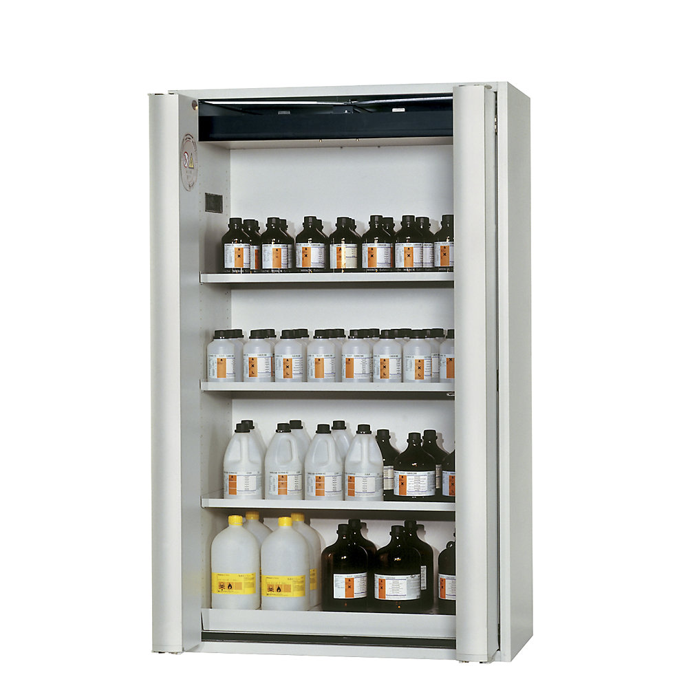 asecos PHOENIX Vol. 2 folding door cupboard, semi-automatic hazardous goods storage cupboard, type 90, with shelves, quantity of 3, body colour grey