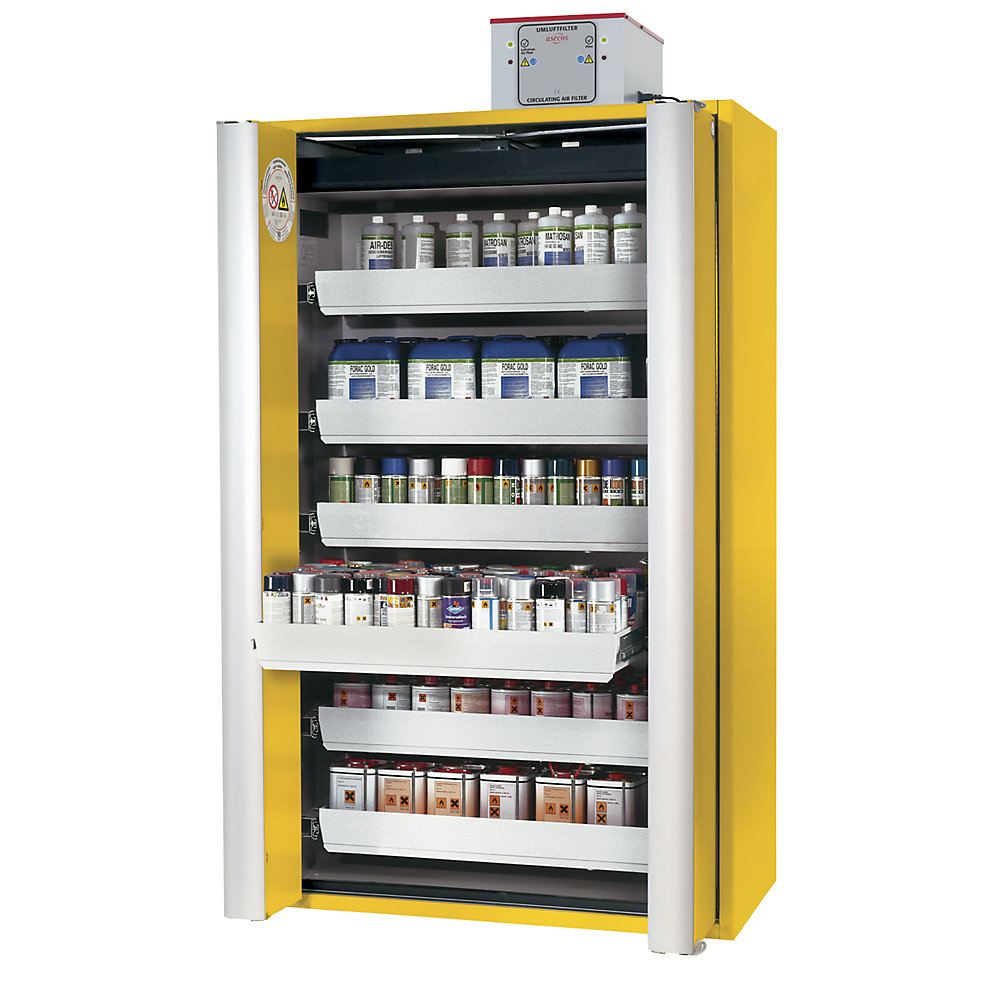 asecos PHOENIX Vol. 2 folding door cupboard, semi-automatic hazardous goods storage cupboard, type 90, with drawers, number of drawers: 6, body colour yellow