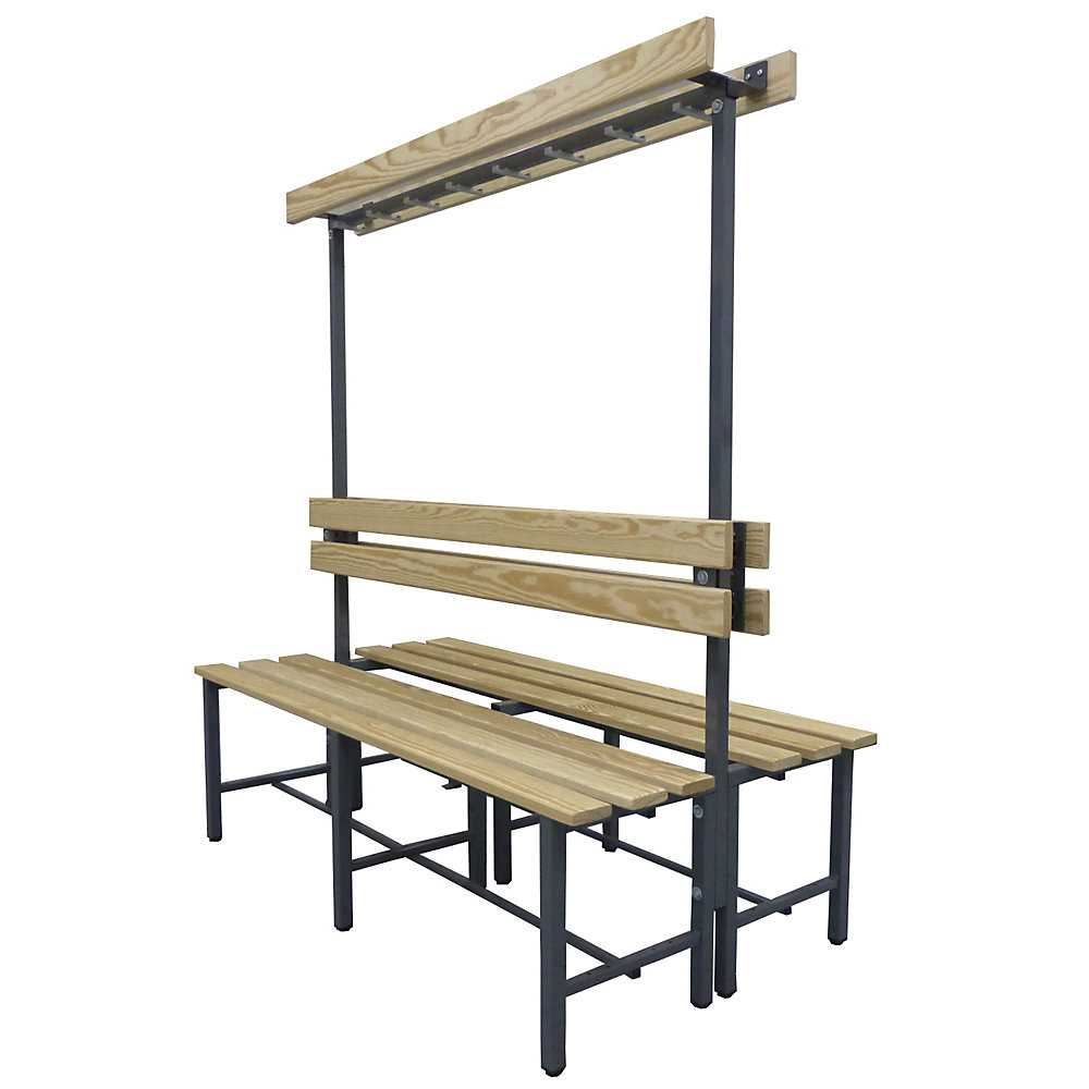 Banc pour vestiaires avec lattes en bois et rangée de patères