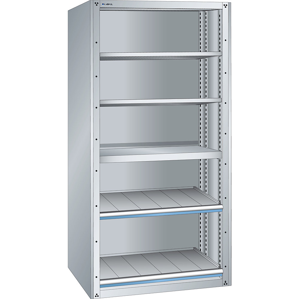 LISTA Rayonnage à tiroirs, 3 tablettes universelles, 2 réglables, 2 coulissantes, rayonnage de base
