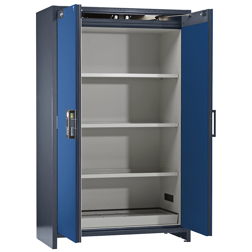 asecos Fire resistant industrial hazardous goods cupboard, type 90, HxWxD 1955 x 1200 x 615 mm, gentian blue door