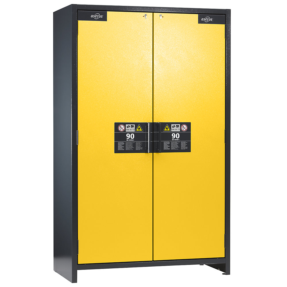 asecos Fire resistant industrial hazardous goods cupboard, type 90, HxWxD 1955 x 1200 x 615 mm, golden yellow door