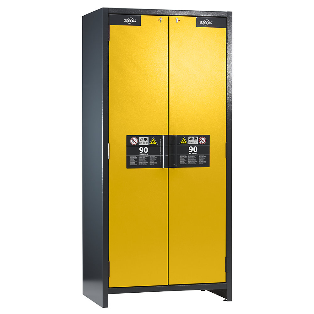 asecos Fire resistant industrial hazardous goods cupboard, type 90, HxWxD 1955 x 900 x 615 mm, golden yellow door