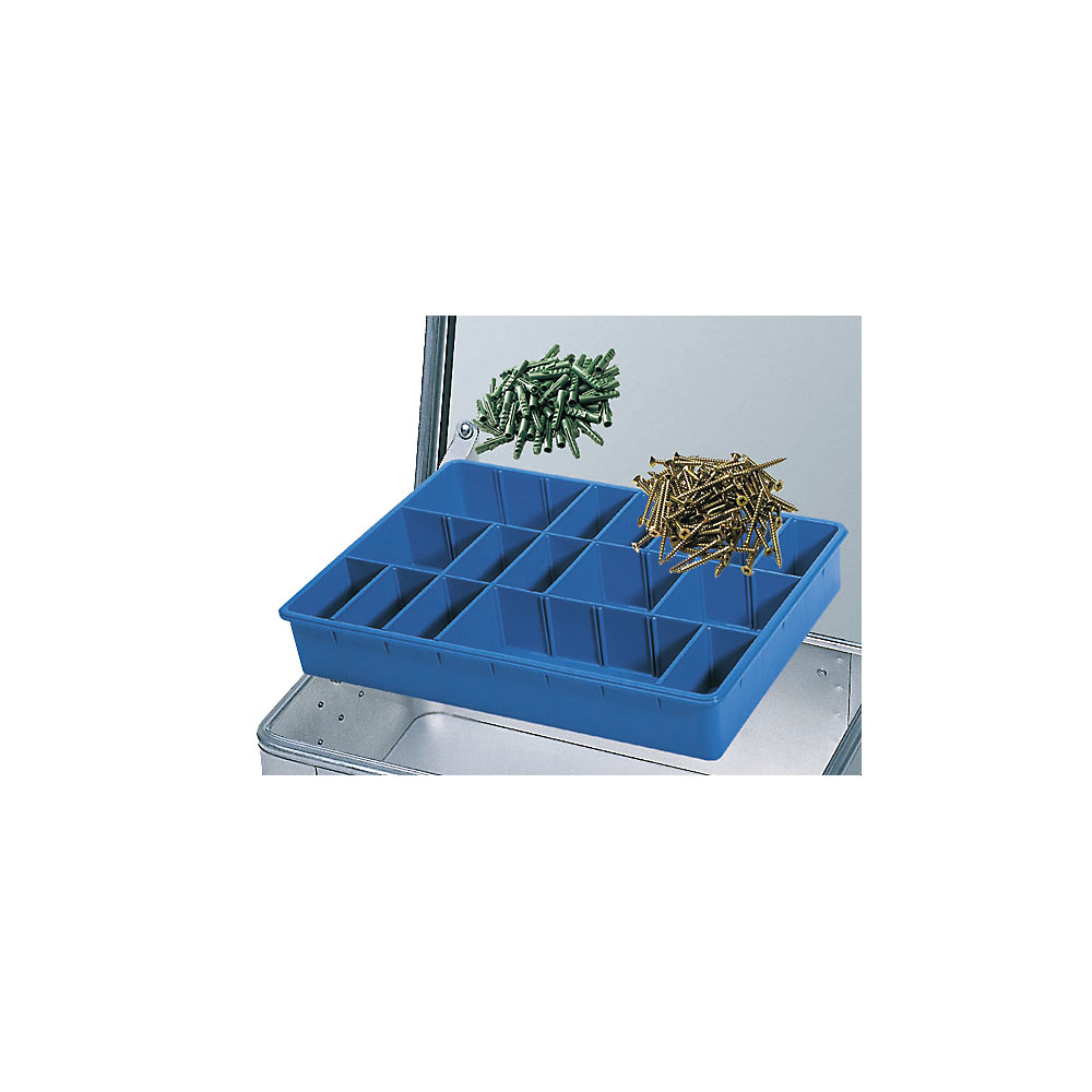 ZARGES Small parts tray, with 21 plug-in dividers, WxDxH 430 x 330 x 60 mm