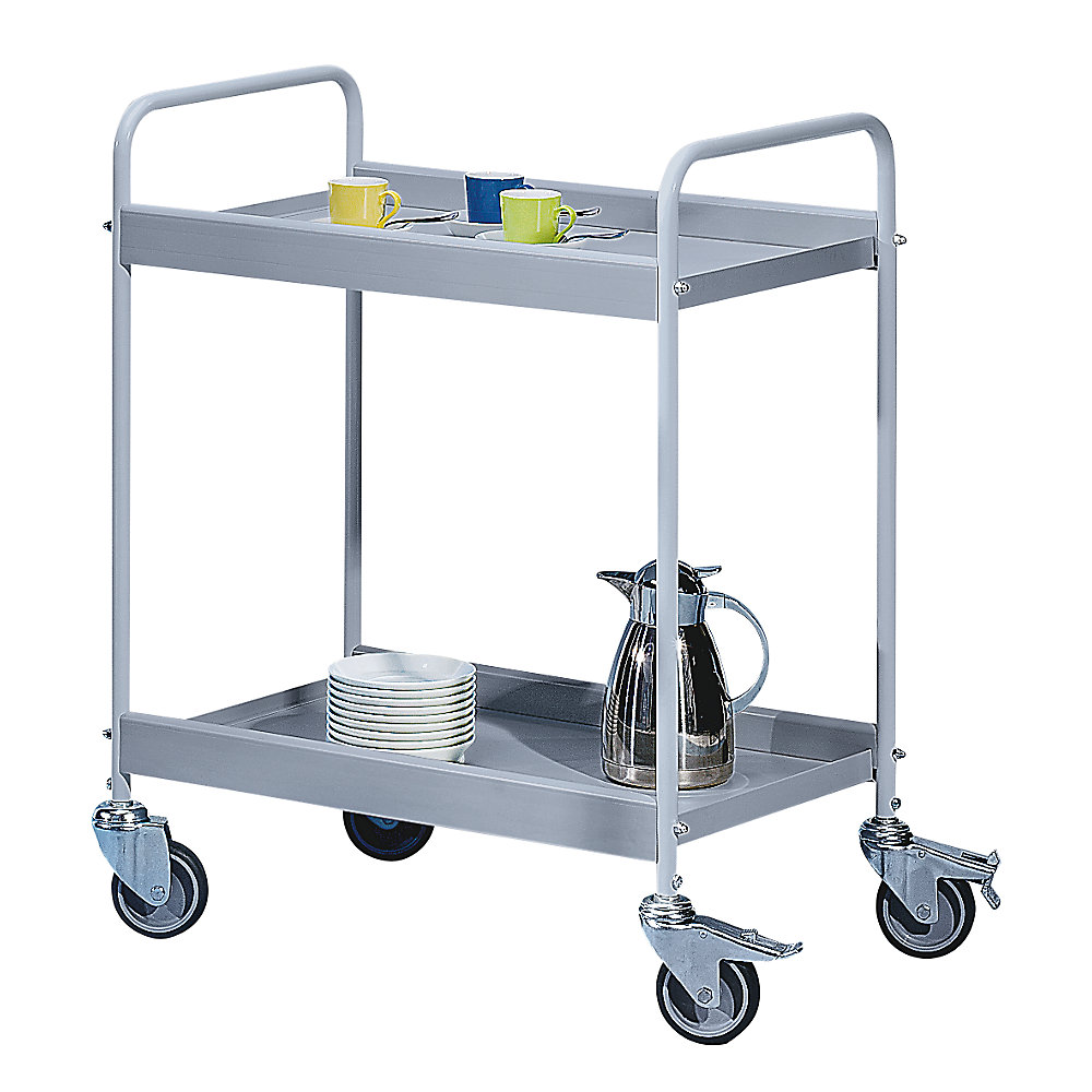 Table trolley, powder coated tubular steel, max. load 40 kg, 2 shelves, silver grey RAL 7001, 4 swivel castors, 2 with double stops